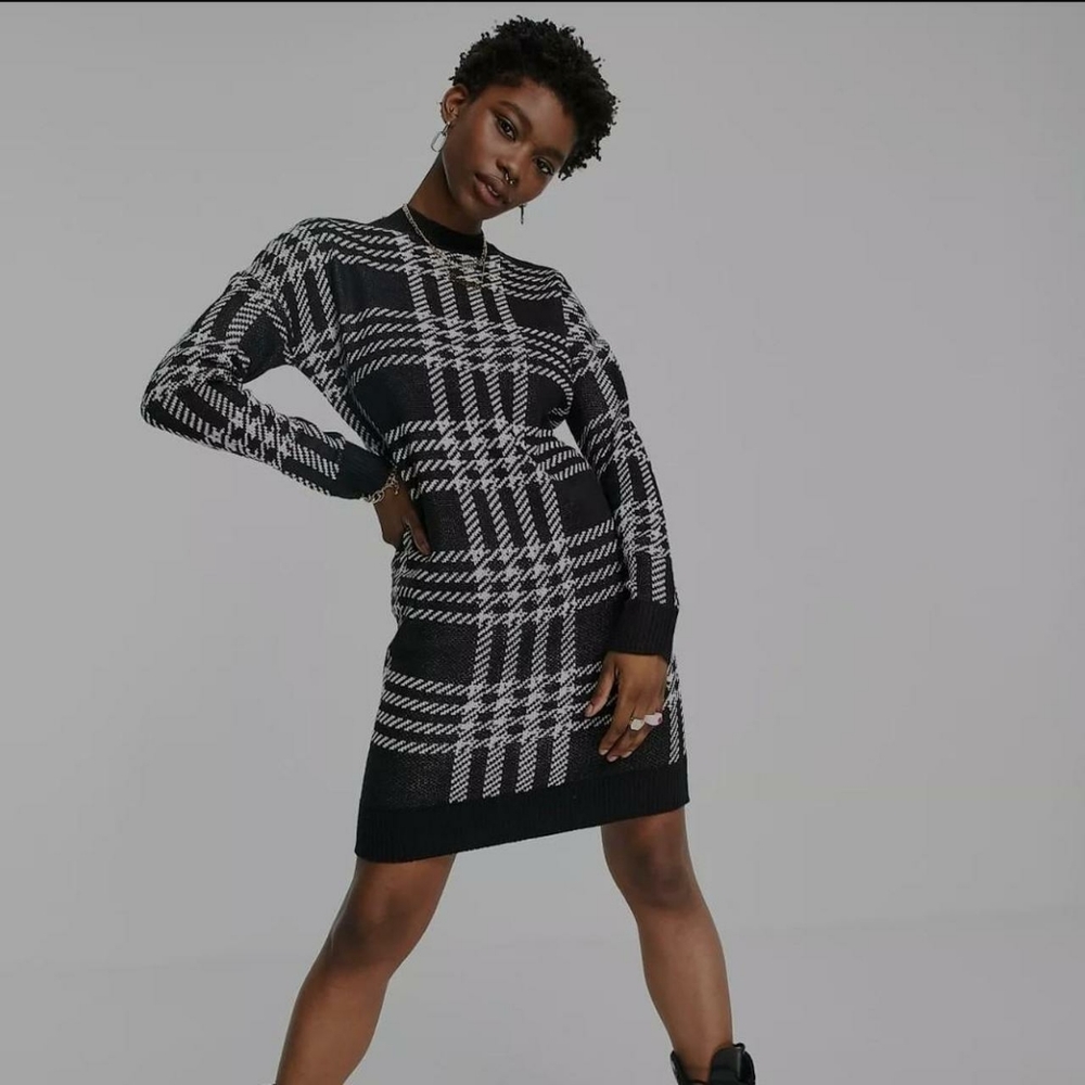 Noisy May High Neck Knit Jumper Dress - Checkered board